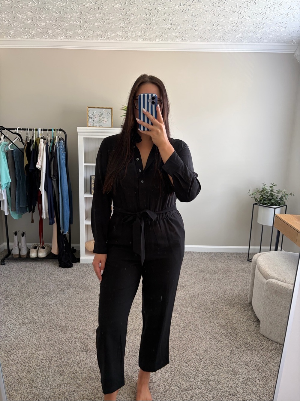 LOFT Black Button-Front Tie-Waist Jumpsuit